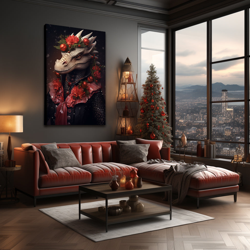 Festive Dragon Portrait, Holiday Fantasy Decor, Mythical Beast Ideal Gift for Fantasy Lovers Abstract Art Print Artesty   