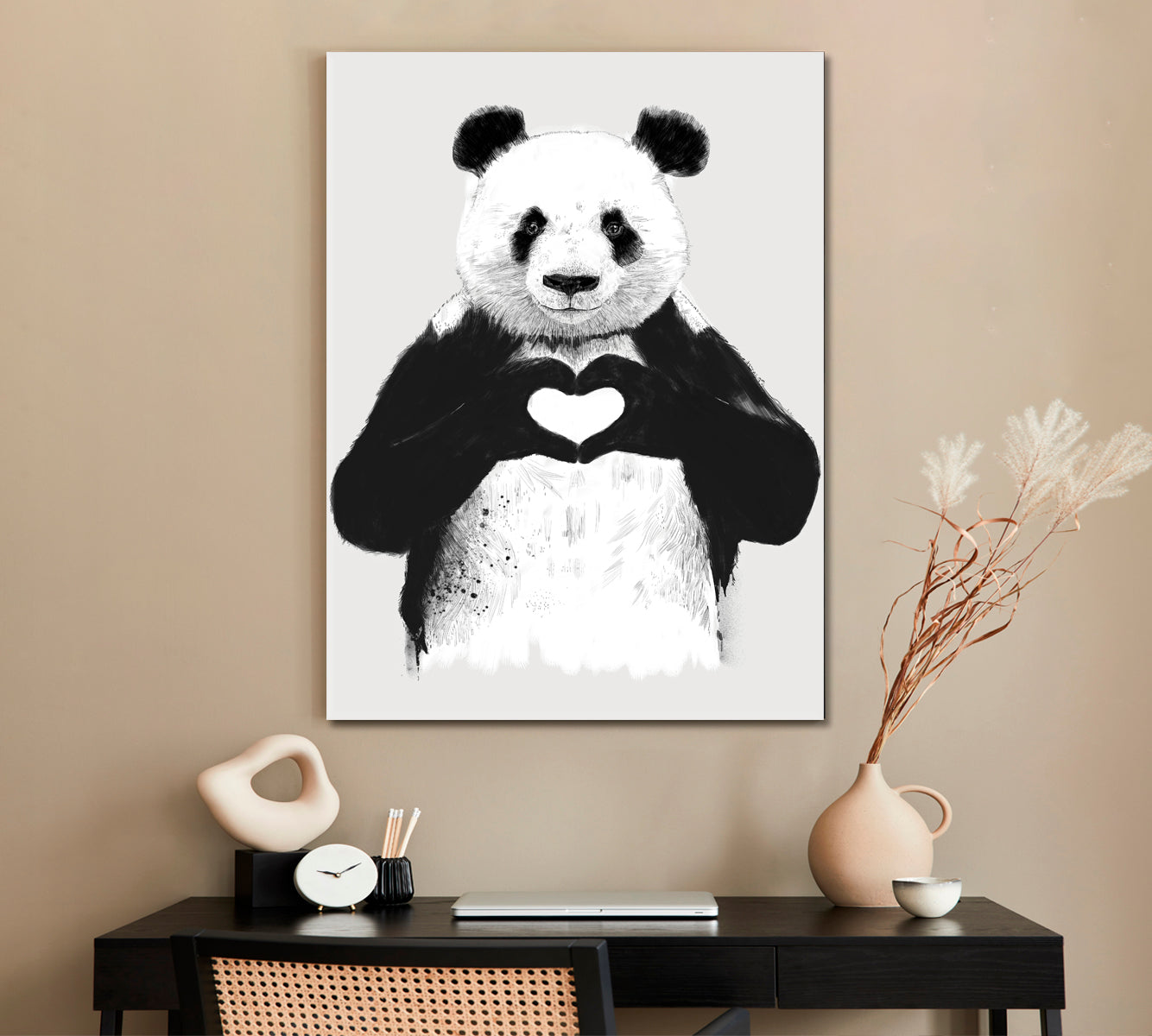 Black and White Panda With Hands Heart Office Wall Art Canvas Print Artesty 1 Panel 16"x24" 