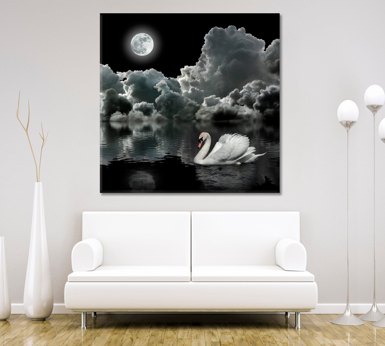 White Swan At Night Under The Moon Fine Art Artesty   