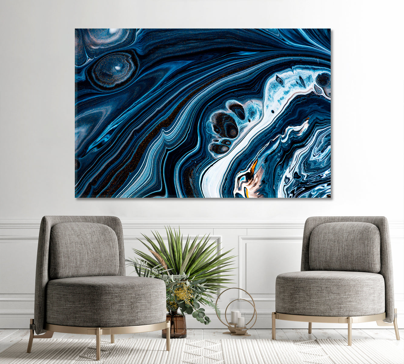 Black Navy Blue Swirling Flows Fluid Acrylic Abstract Iridescent Marble Effect Fluid Art, Oriental Marbling Canvas Print Artesty   