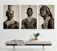 ARCHERS Tribal Warriors African Style Canvas Print Artesty Set of 3 Vertical Panels 48"x24" 