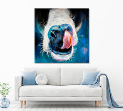 Funny Whimsical Animals Cow Sticking Tongue Out Animals Canvas Print Artesty 1 Panel 12"x12" 