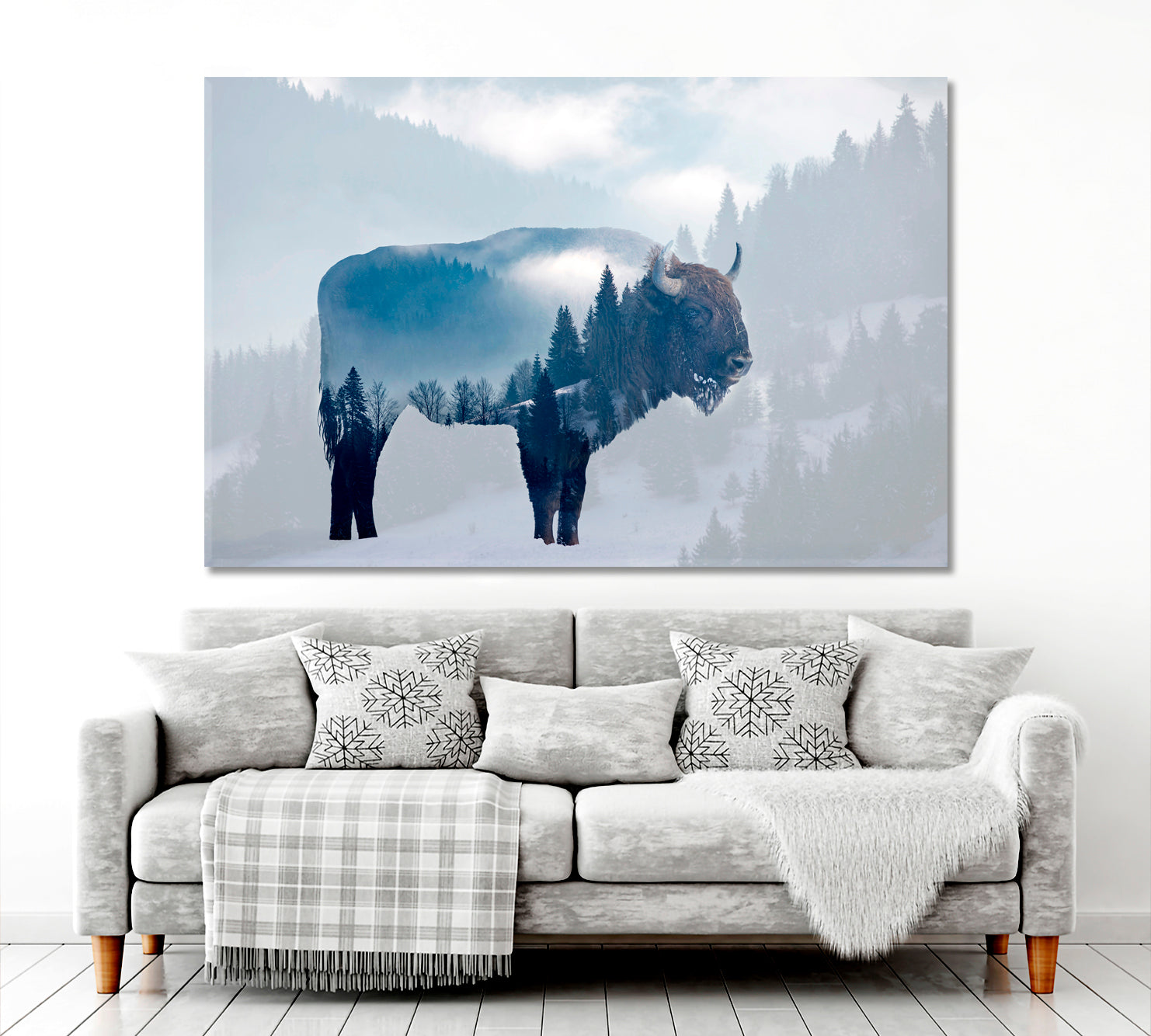 DOUBLE EXPOSURE Wild Bison Buffalo Foggy Pine Forest Wild Life Framed Art Artesty 1 panel 24" x 16" 