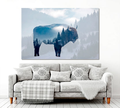 DOUBLE EXPOSURE Wild Bison Buffalo Foggy Pine Forest Wild Life Framed Art Artesty 1 panel 24" x 16" 