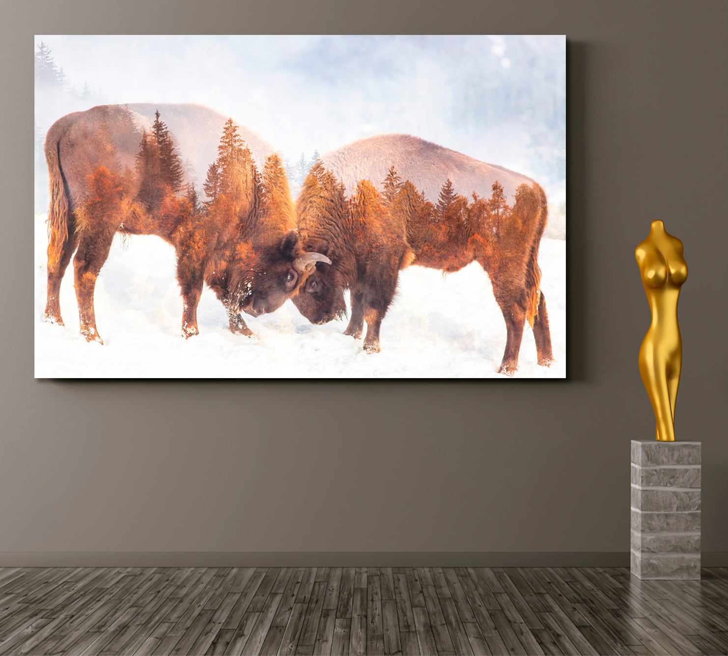 Double Exposure Two Wild Bison Fighting And Pine Trees Wild Life Framed Art Artesty   