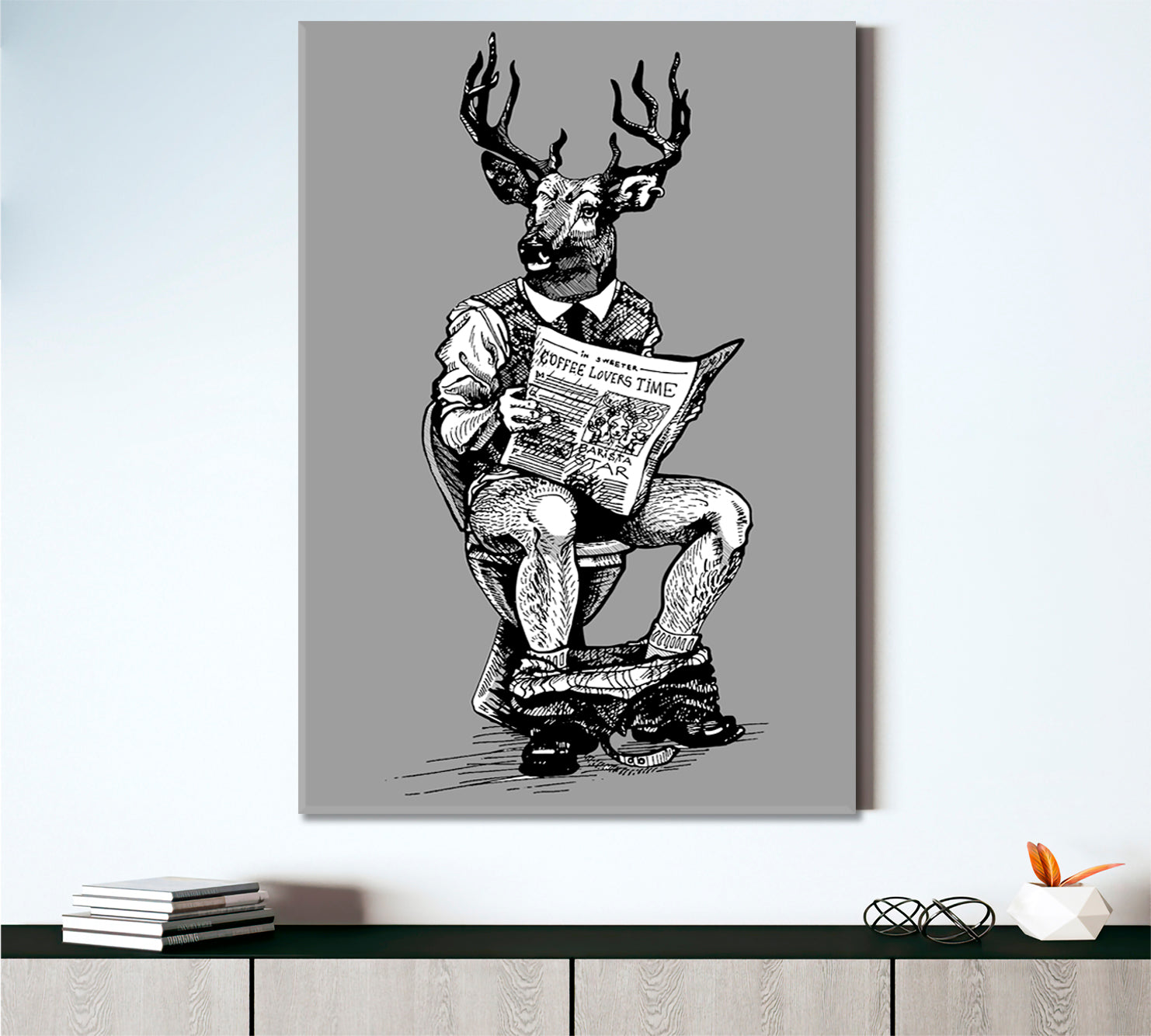 HIPSTER Deer Man Sitting On Toilet Black and White Wall Art Print Artesty   