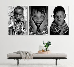 SET OF 3 Beautiful African Girls Traditional Headdress Necklace People Portrait Wall Hangings Artesty   