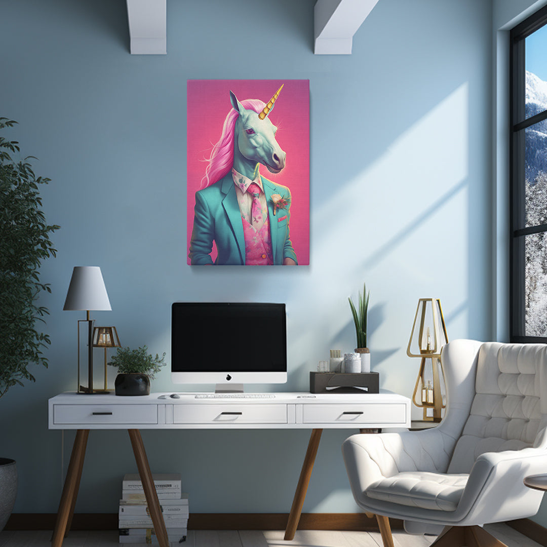 Unicorn in Teal Suit and Pink Tie Canvas Prints Artesty