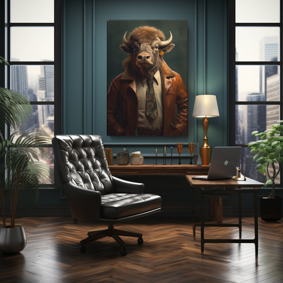 Cool Bull in Brown Leather Jacket Canvas Prints Artesty
