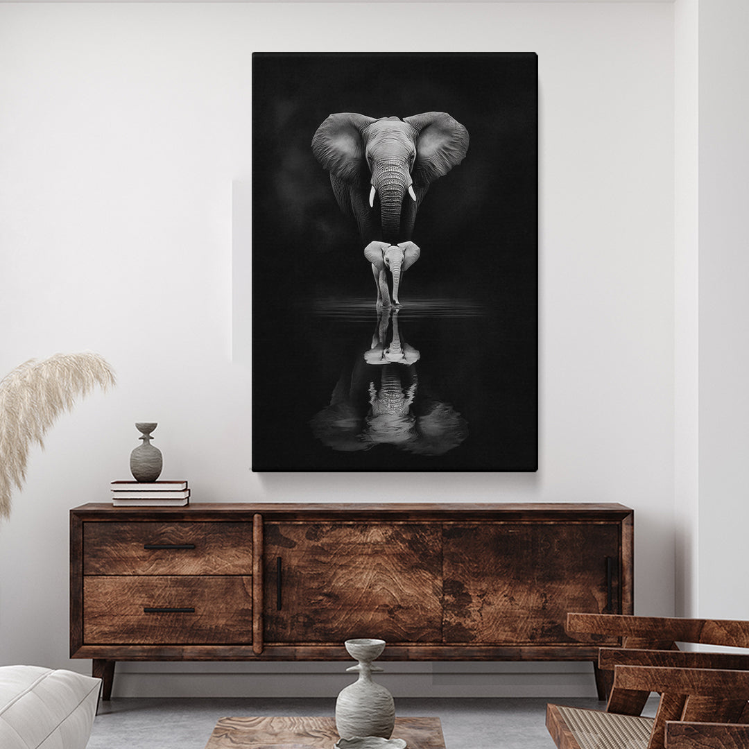 Elephant and Calf Black and White Reflection Canvas Prints Artesty
