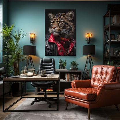 Leopard in Red Scarf and Leather Jacket Canvas Prints Artesty