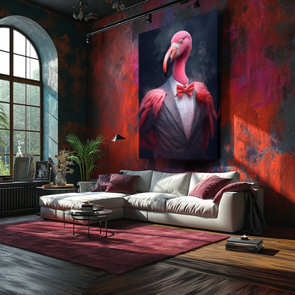 Elegant Flamingo in Gray Suit Canvas Prints Artesty