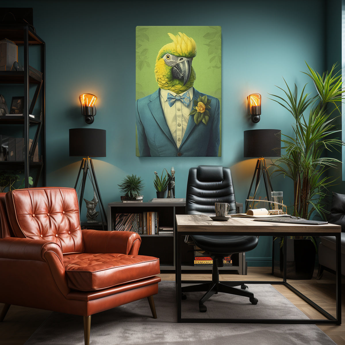 Parrot in Teal Suit and Bow Tie Canvas Prints Artesty