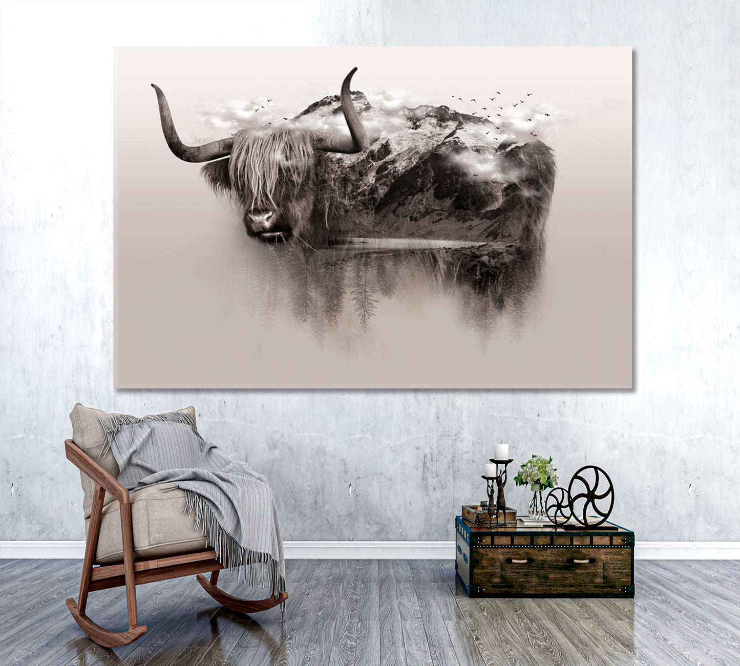 Bull Yak Wildlife Art Double Exposure Trees Mountain Surrounded By Fog Wild Life Framed Art Artesty   