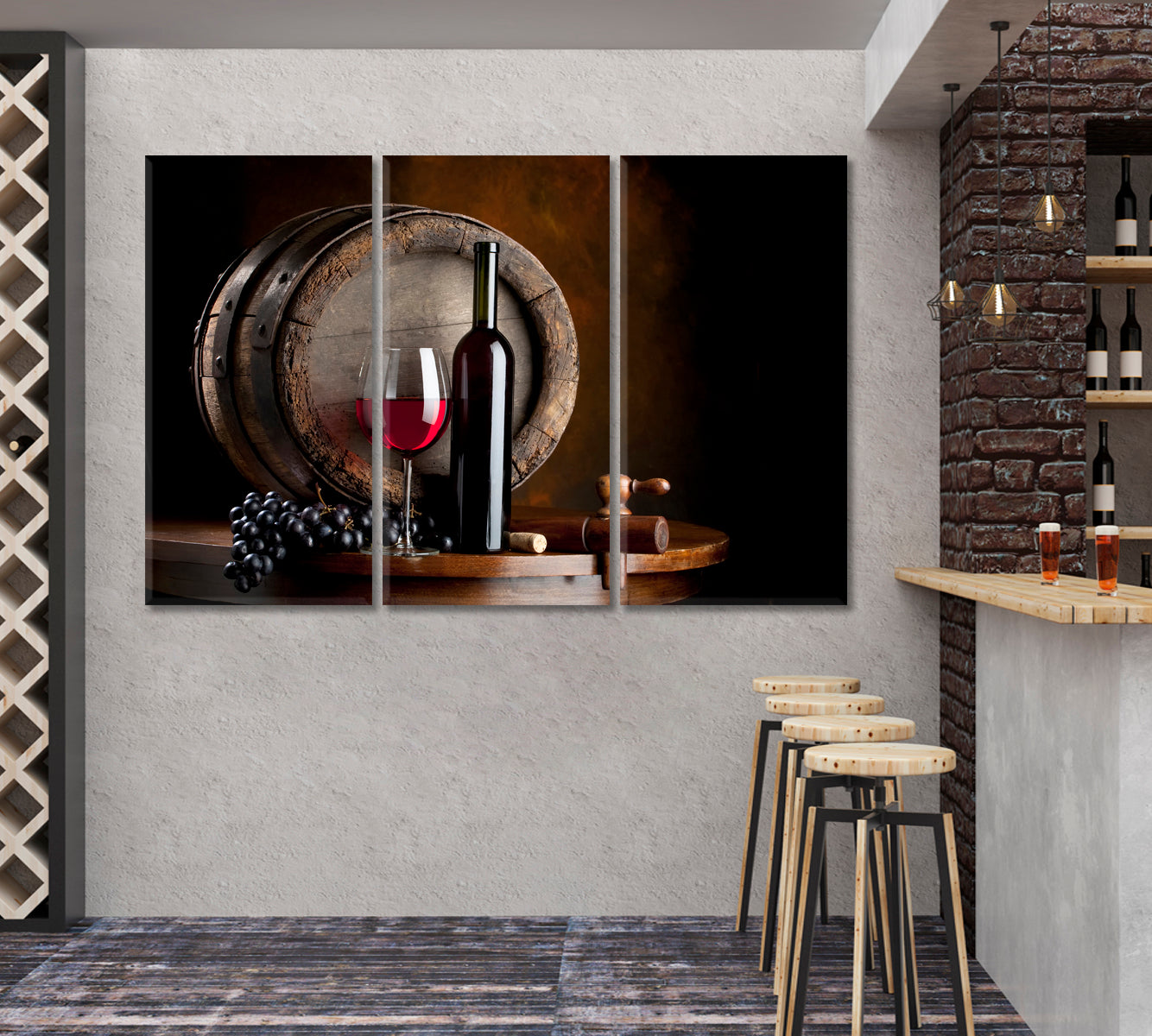 STILL-LIFE Old Vintage Barrel Red Wine Bottle Restaurant Modern Wall Art Artesty 3 panels 36" x 24" 