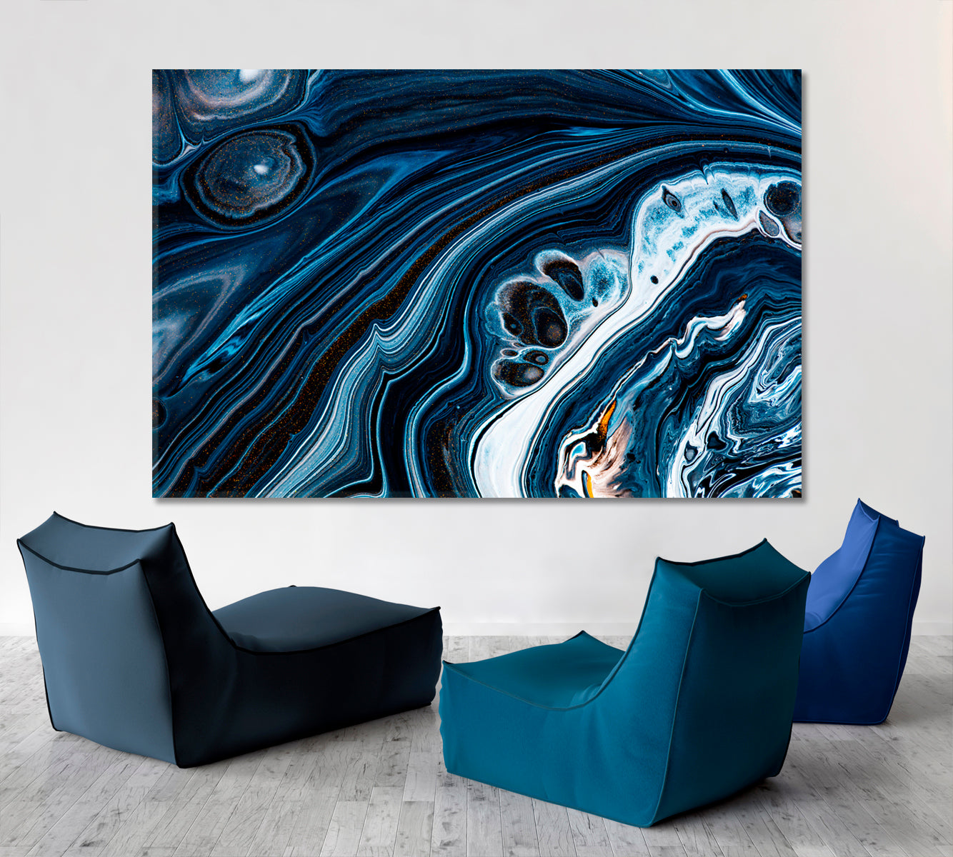 Black Navy Blue Swirling Flows Fluid Acrylic Abstract Iridescent Marble Effect Fluid Art, Oriental Marbling Canvas Print Artesty   