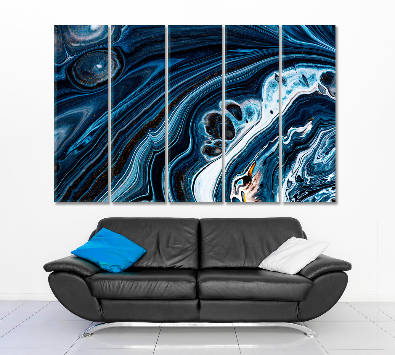 Black Navy Blue Swirling Flows Fluid Acrylic Abstract Iridescent Marble Effect Fluid Art, Oriental Marbling Canvas Print Artesty   