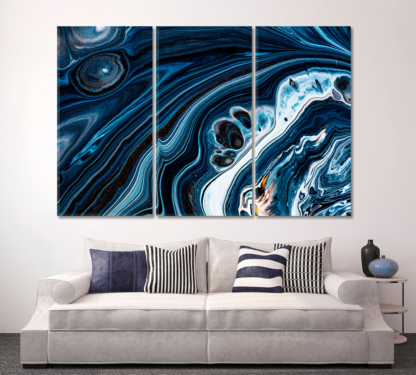 Black Navy Blue Swirling Flows Fluid Acrylic Abstract Iridescent Marble Effect Fluid Art, Oriental Marbling Canvas Print Artesty   