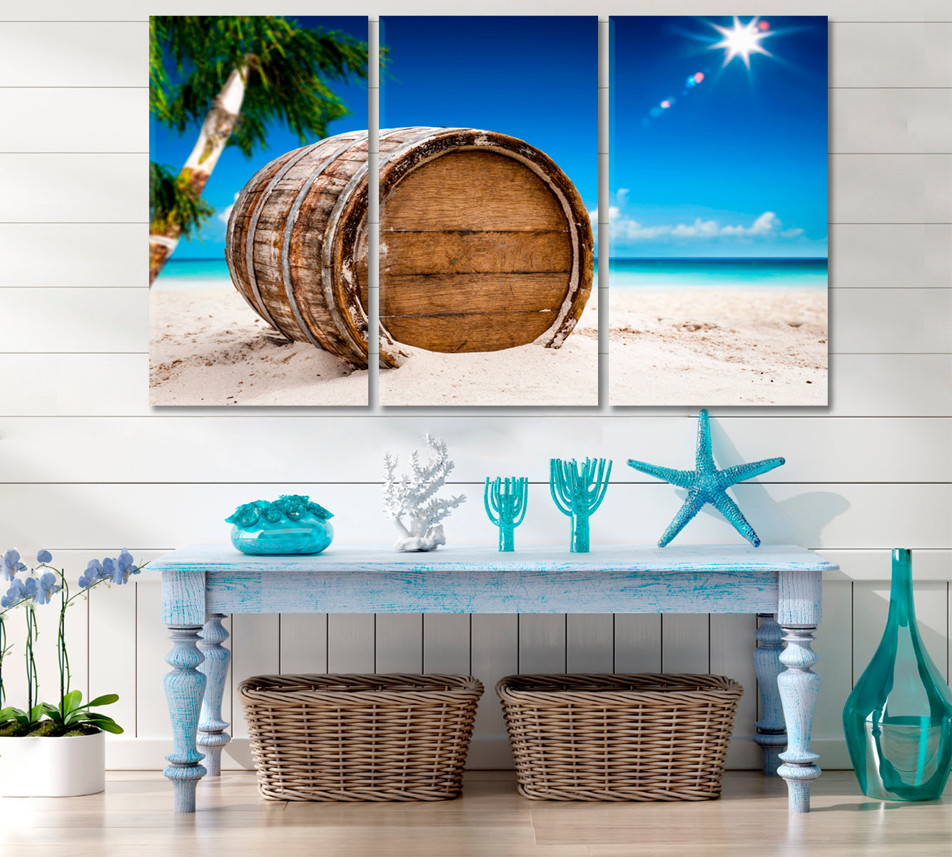 Old Retro Worn Barrel Exotic Landscape Tropical, Exotic Art Print Artesty 3 panels 36" x 24" 