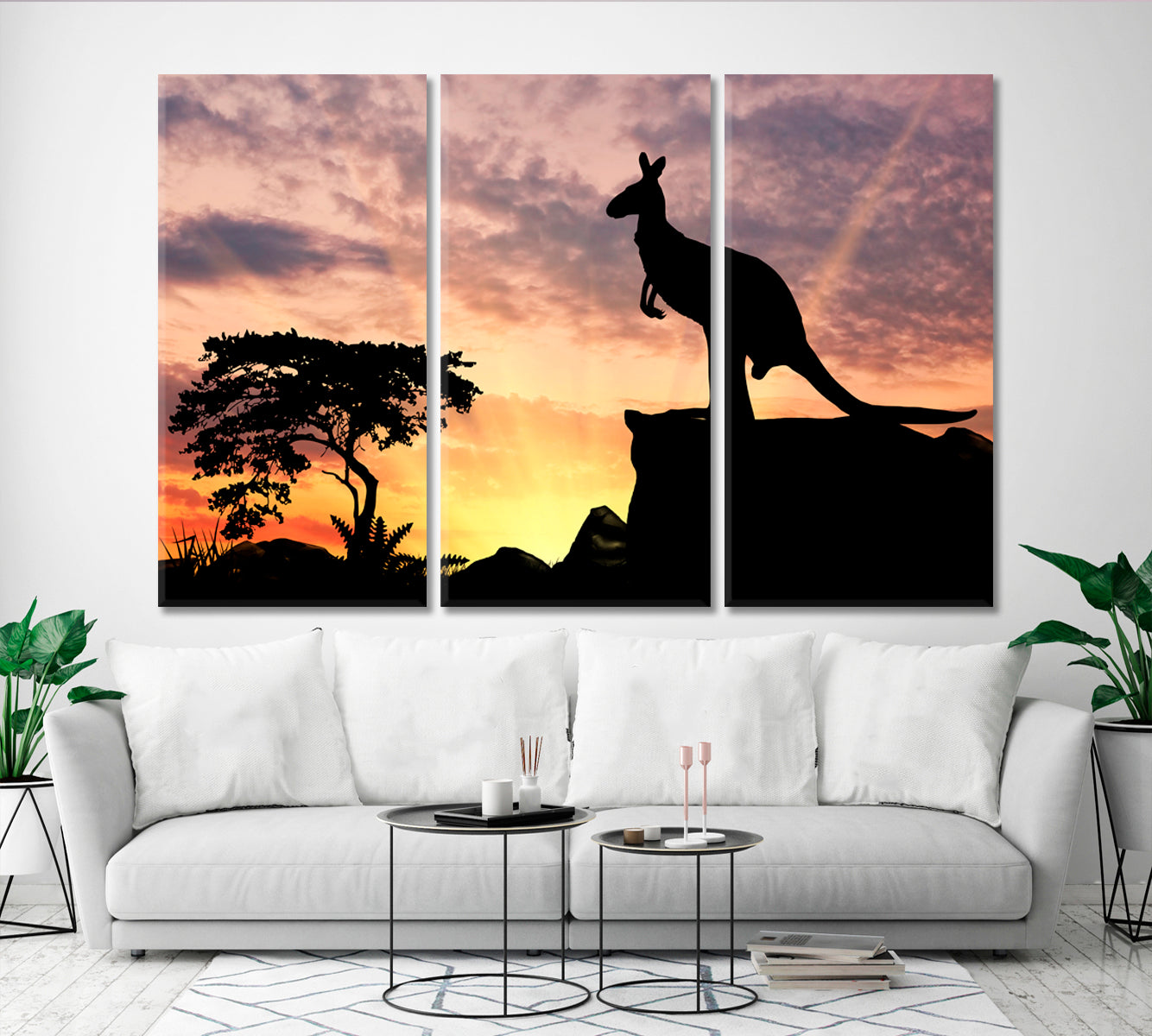 Kangaroo On A Hill At Sunset Wild Life Framed Art Artesty 3 panels 36" x 24" 