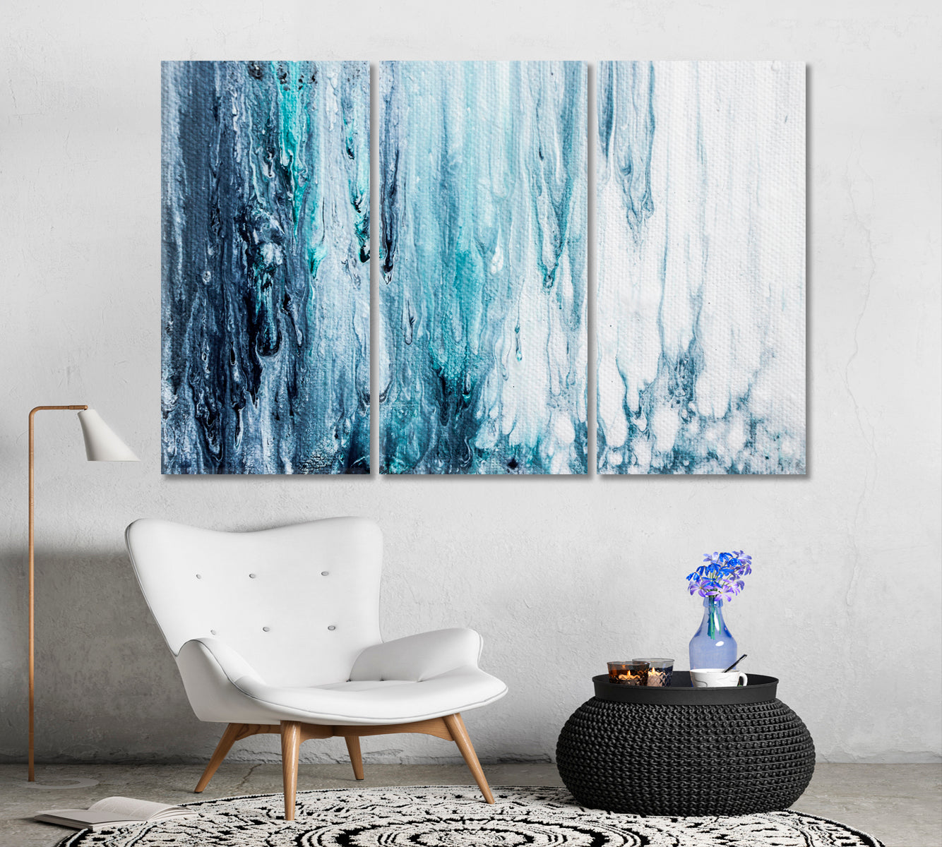 Weeping Paint Blue And White Colors Fluid Art, Oriental Marbling Canvas Print Artesty 3 panels 36" x 24" 