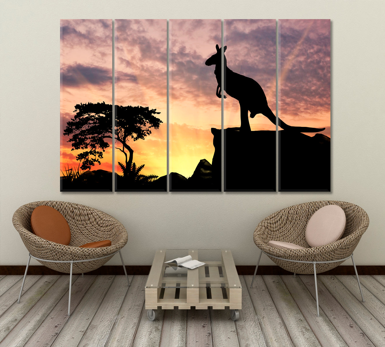 Kangaroo On A Hill At Sunset Wild Life Framed Art Artesty 5 panels 36" x 24" 