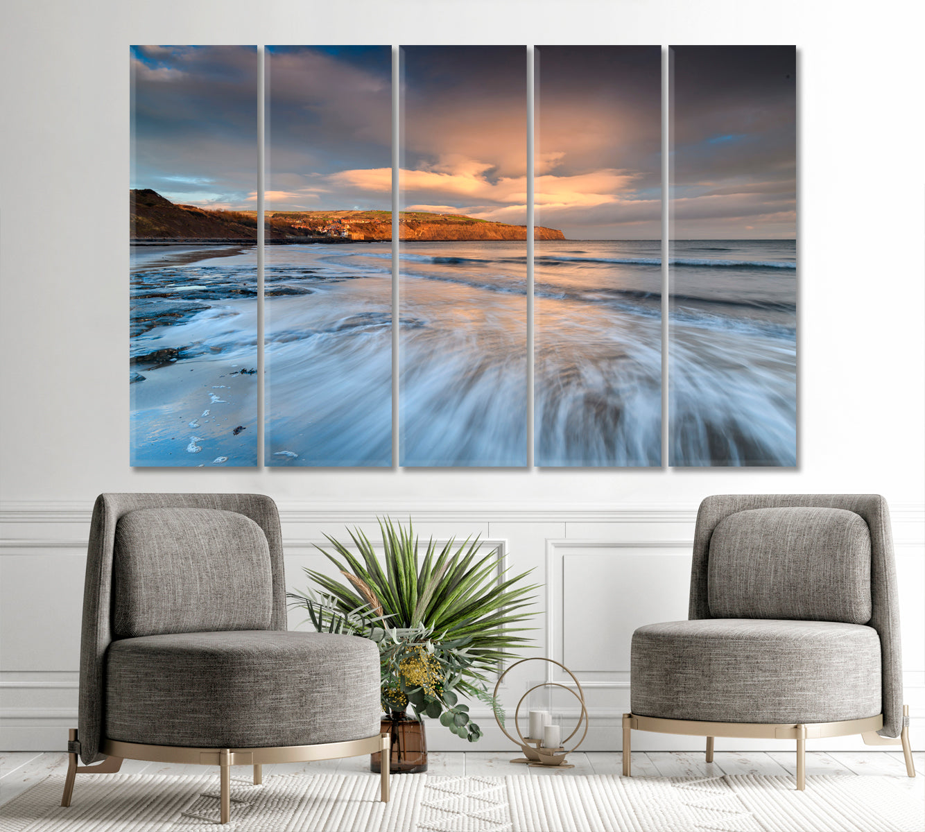 Coastal Sunrise Robin Hood's Bay North Yorkshire England Nature Wall Canvas Print Artesty 5 panels 36" x 24" 