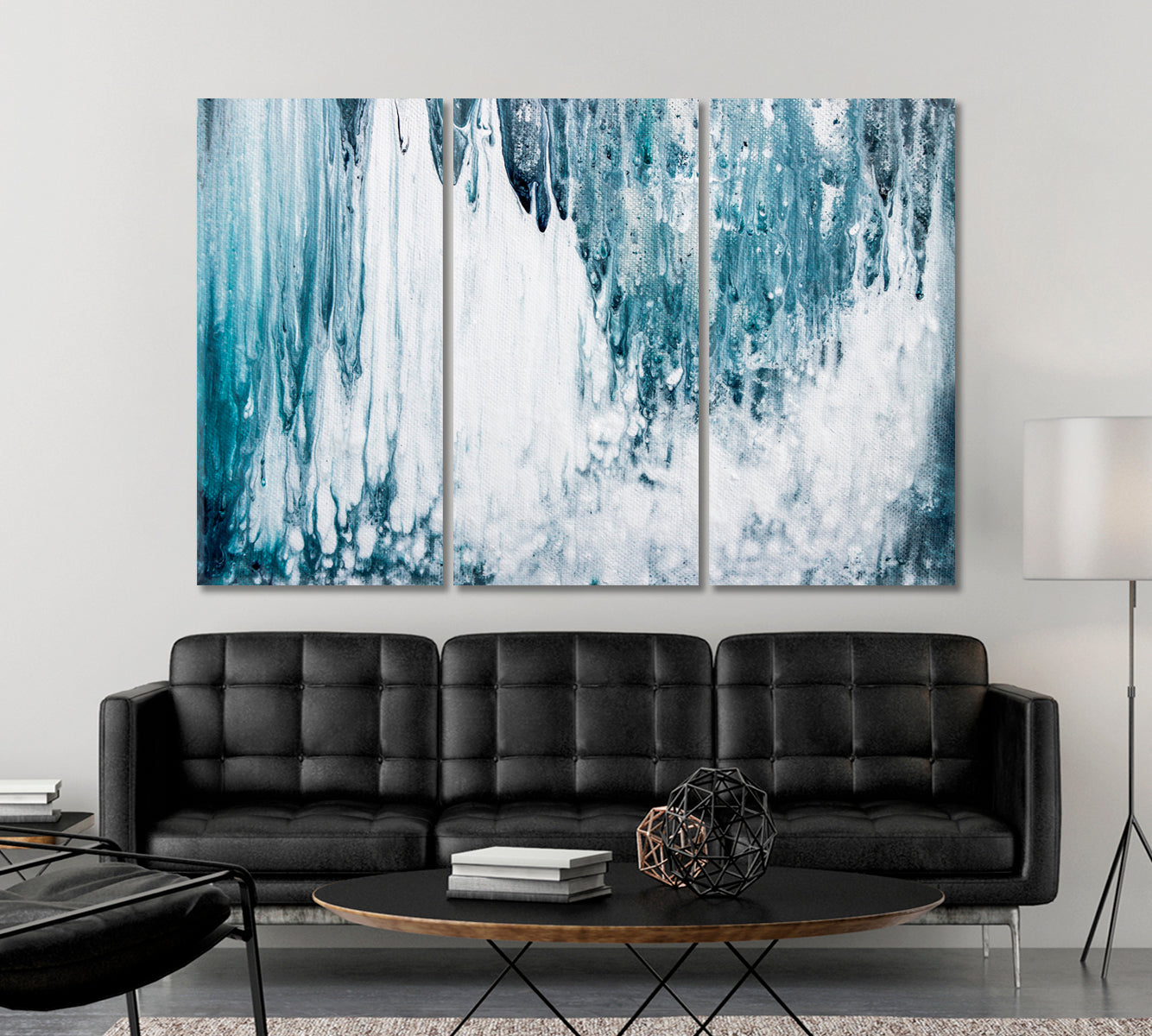 Rainy Paint Blue And White Abstraction Fluid Art, Oriental Marbling Canvas Print Artesty 3 panels 36" x 24" 