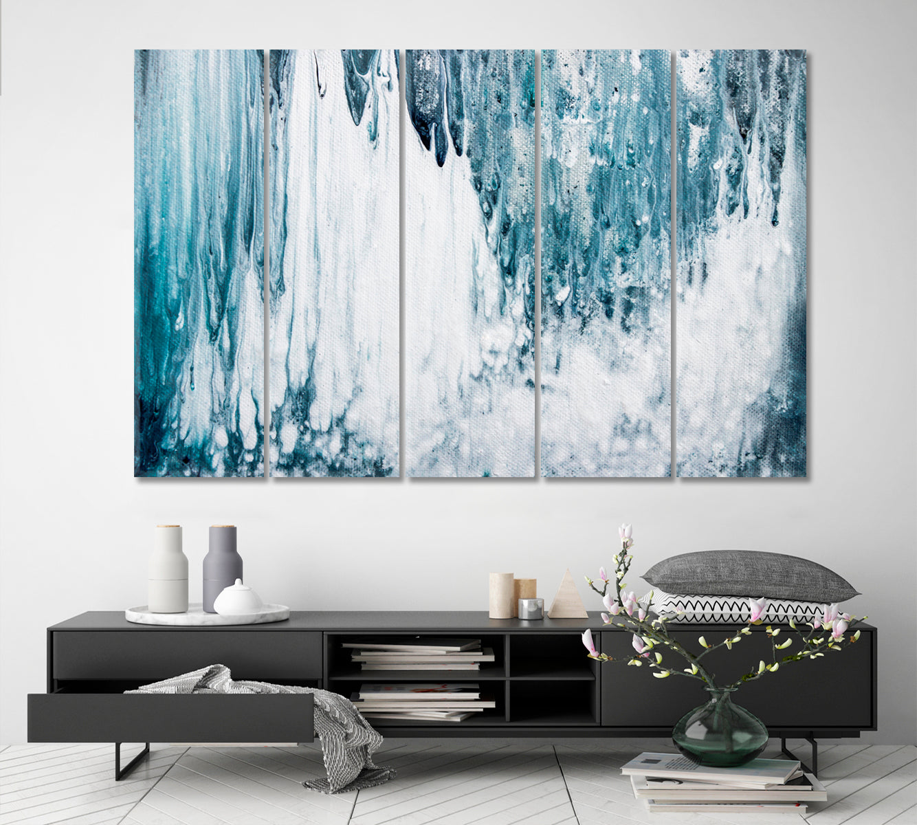 Rainy Paint Blue And White Abstraction Fluid Art, Oriental Marbling Canvas Print Artesty 5 panels 36" x 24" 