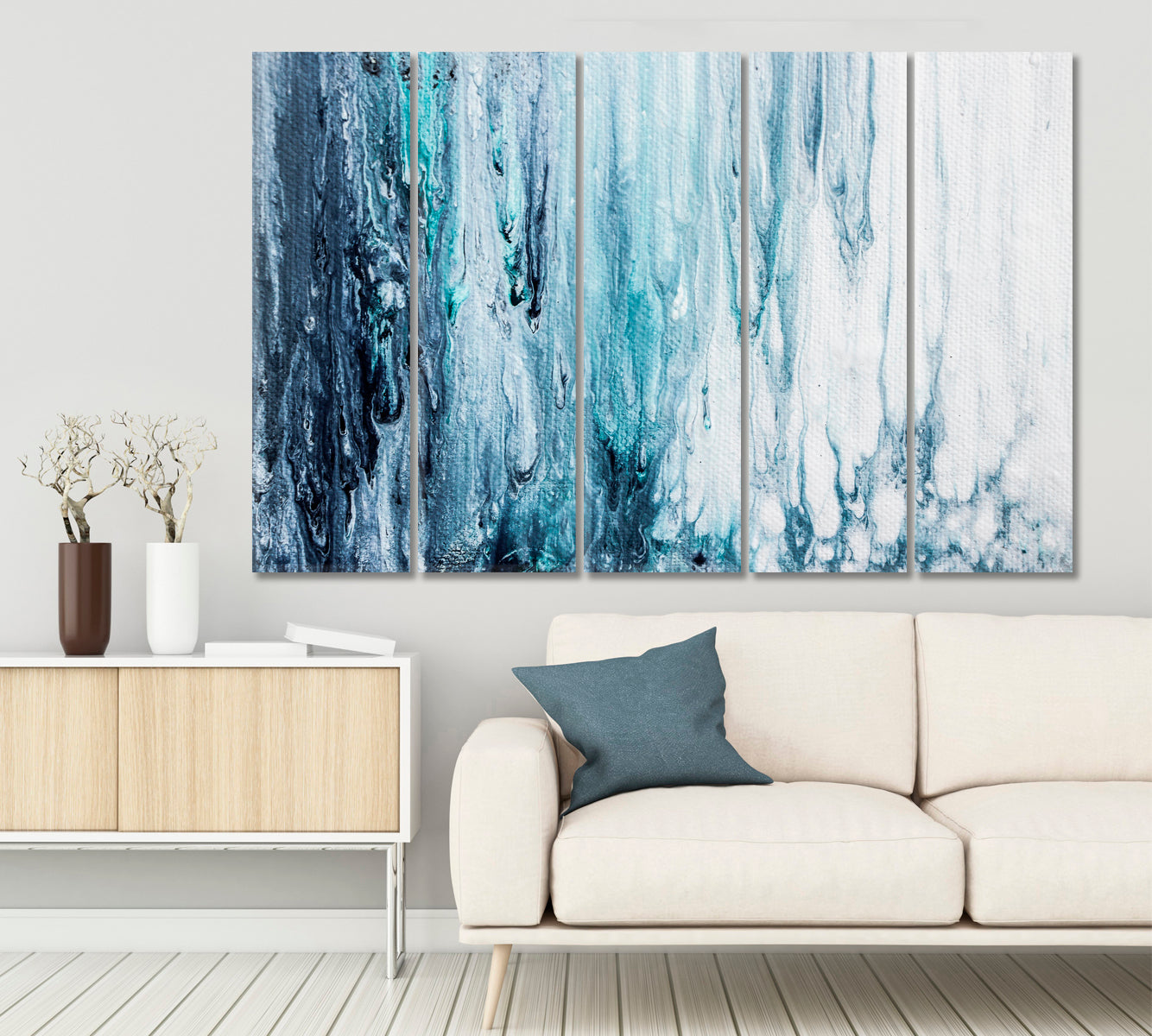 Weeping Paint Blue And White Colors Fluid Art, Oriental Marbling Canvas Print Artesty 5 panels 36" x 24" 