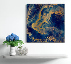 Abstract Marble Blue Yellow Color Stains Fluid Art, Oriental Marbling Canvas Print Artesty   