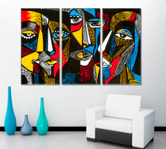 Abstract Surreal-colored Faces Yellow Red White Blue Black Abstract Art Print Artesty 3 panels 36" x 24" 