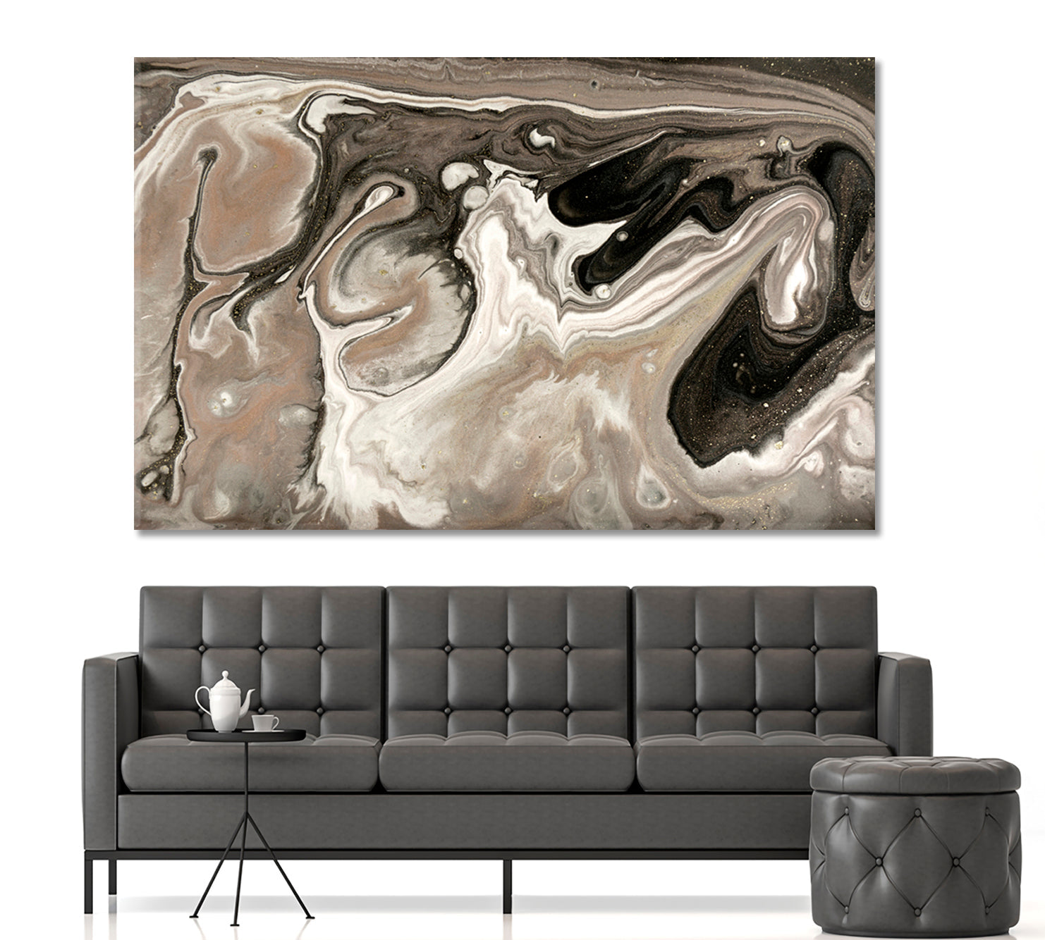 Brown Pearlescent Сream Gold Fluid Art, Oriental Marbling Canvas Print Artesty   