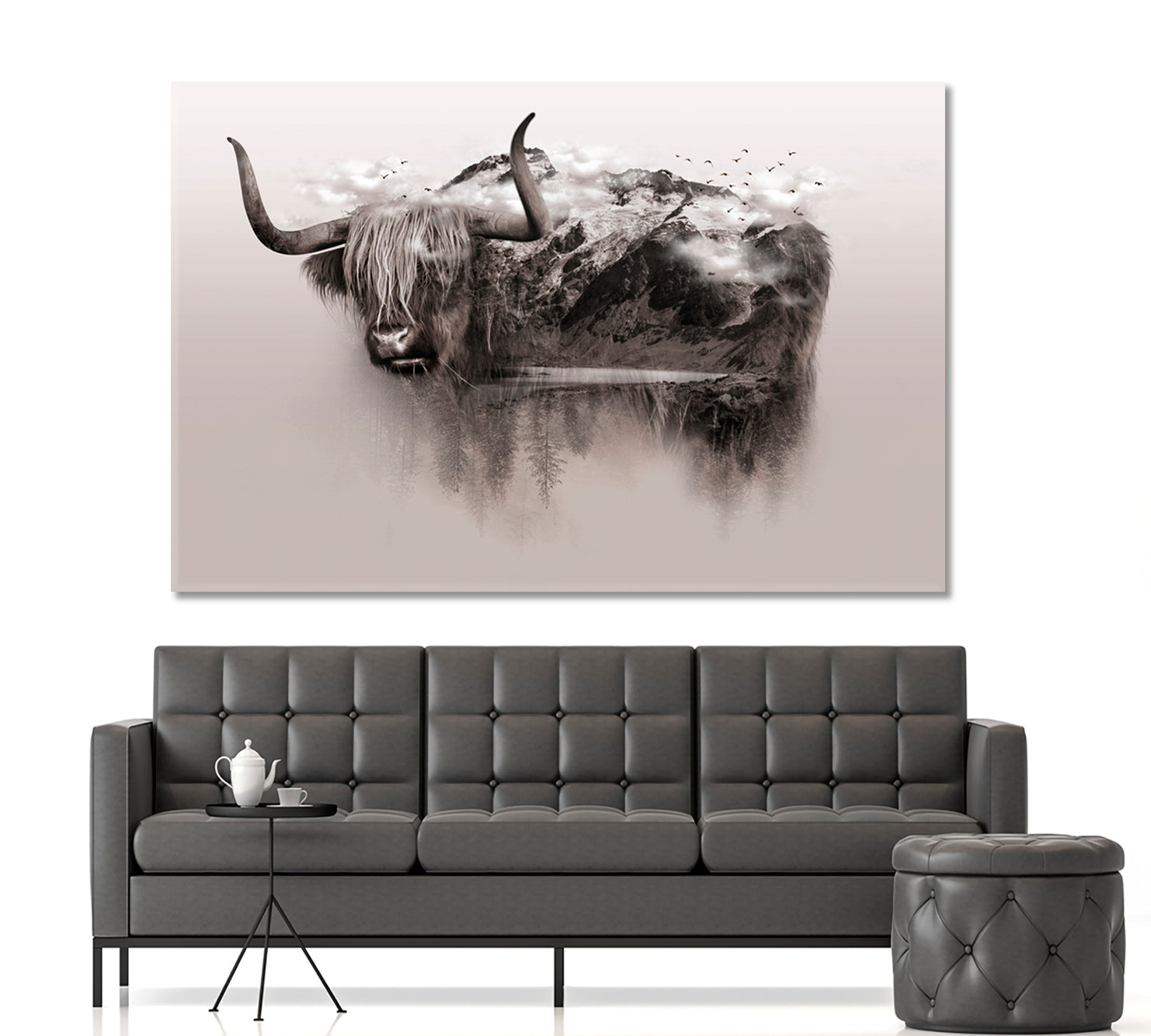 Bull Yak Wildlife Art Double Exposure Trees Mountain Surrounded By Fog Wild Life Framed Art Artesty   