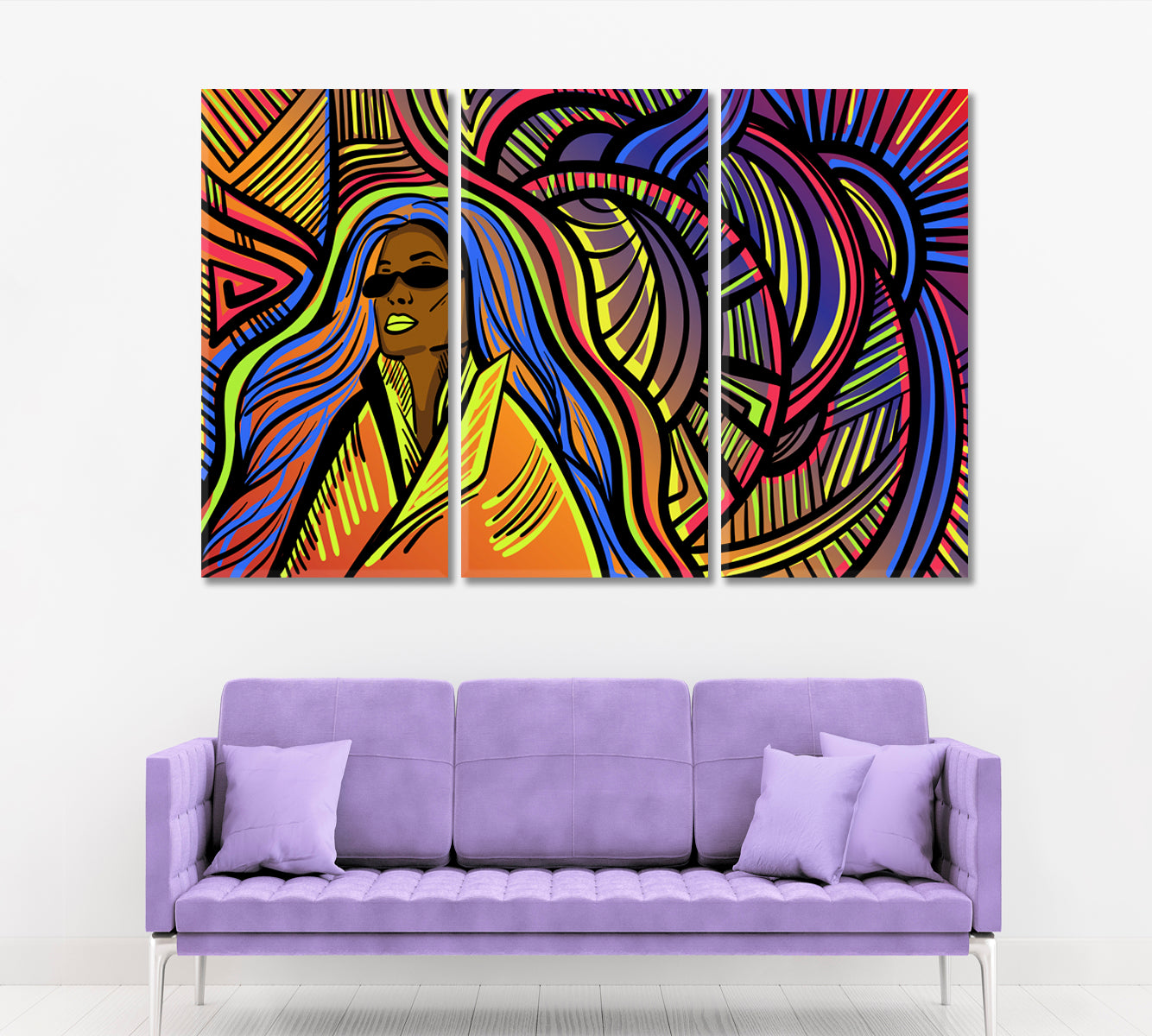 DOODLES Colorful Psychedelic Lines With Abstract Woman Surreal Fantasy Large Art Print Décor Artesty   