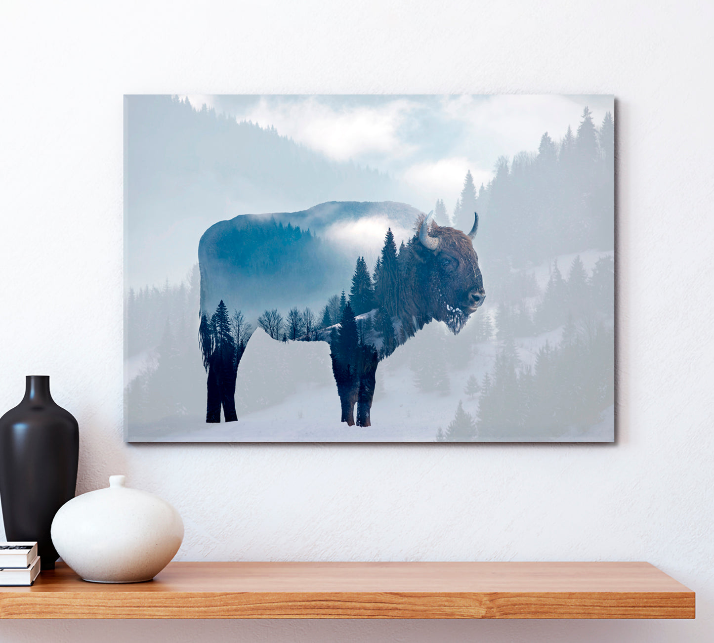 DOUBLE EXPOSURE Wild Bison Buffalo Foggy Pine Forest Wild Life Framed Art Artesty   