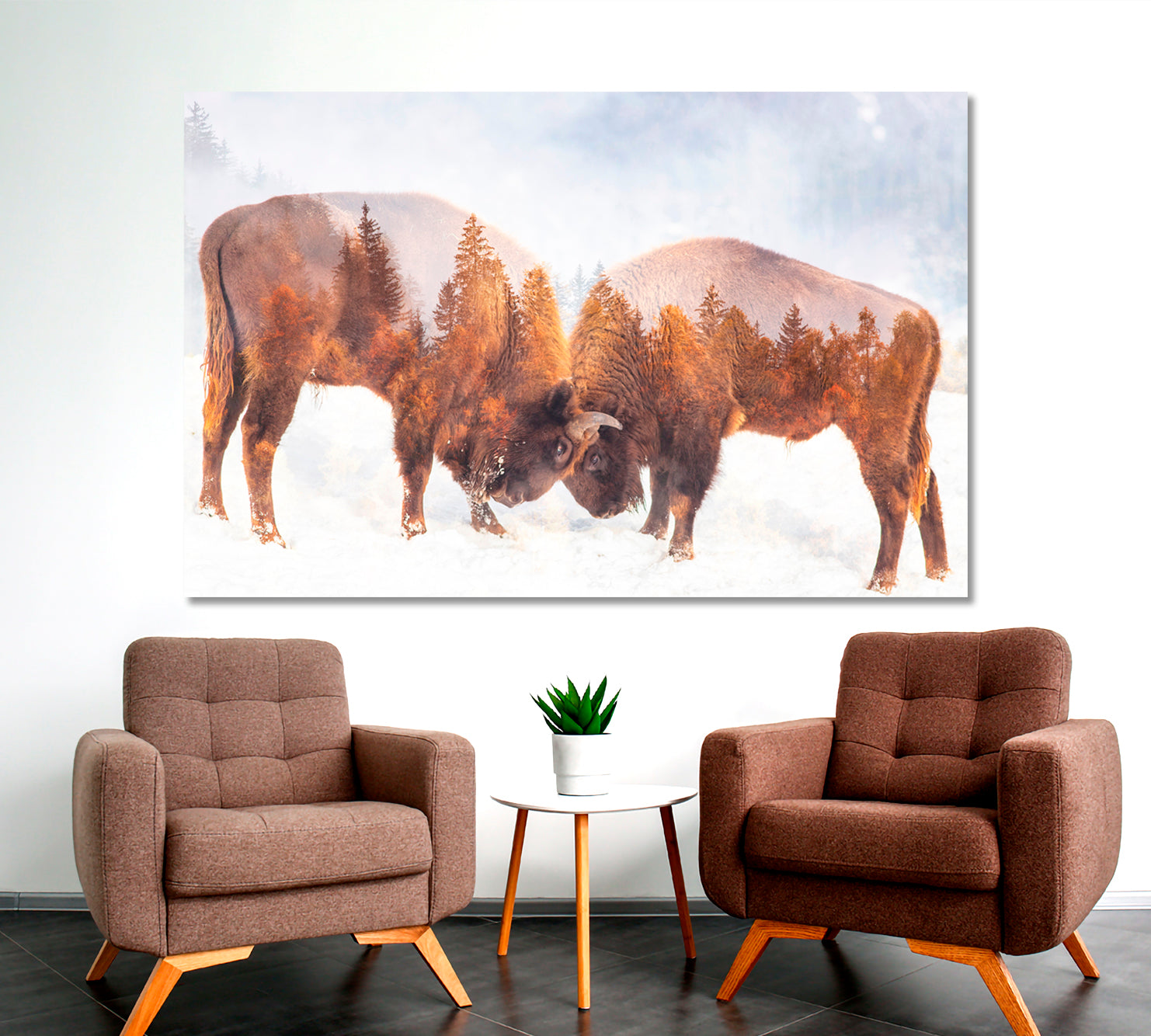 Double Exposure Two Wild Bison Fighting And Pine Trees Wild Life Framed Art Artesty   