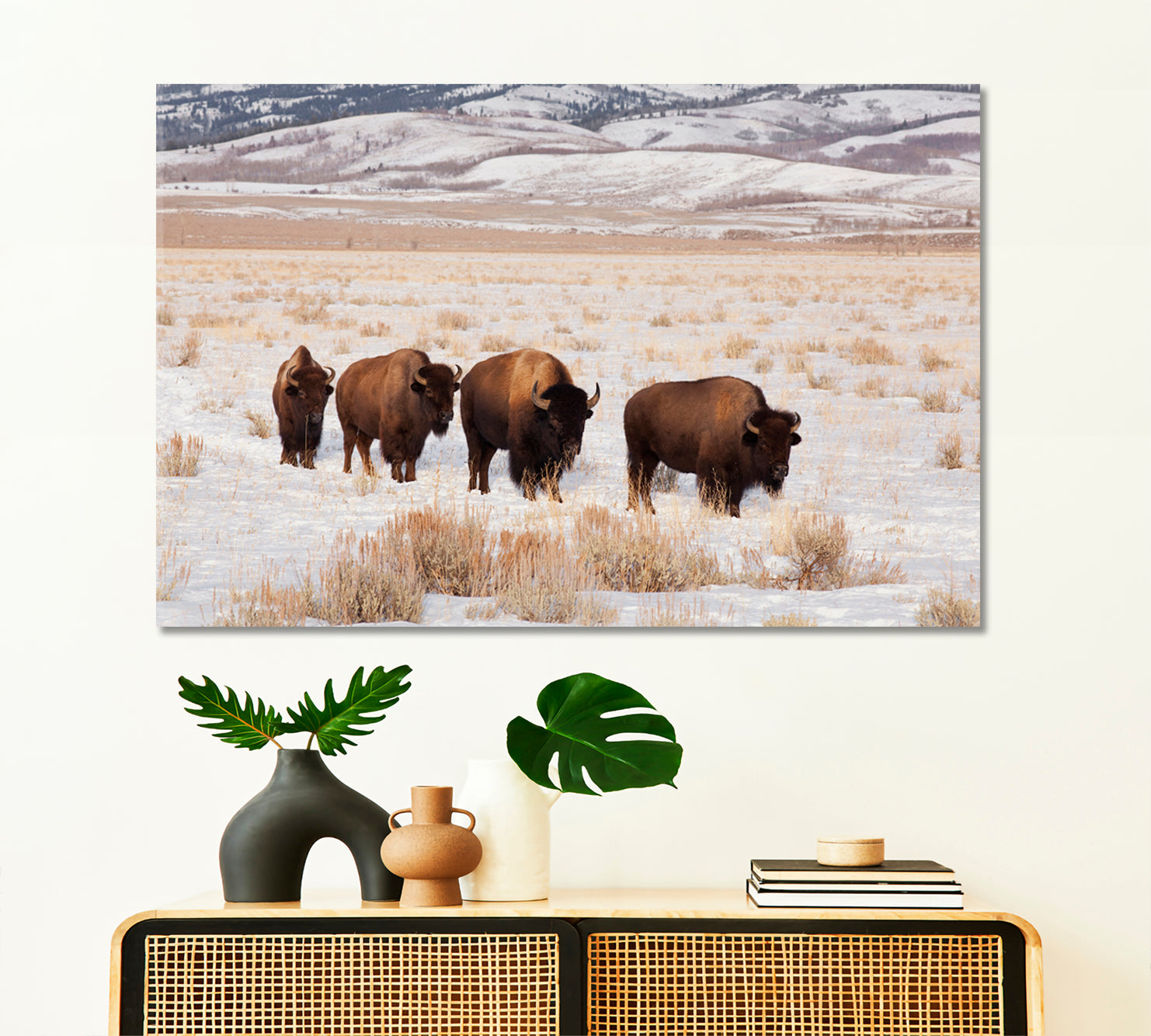 Field With Four American Bison Animals Canvas Print Artesty   