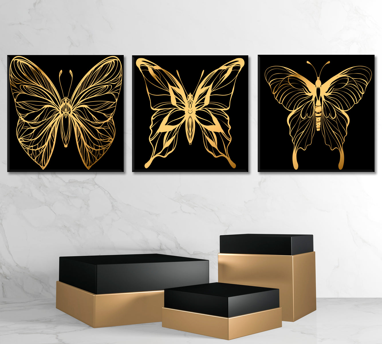 Gold Butterflies Set of 3 Tropical, Exotic Art Print Artesty   