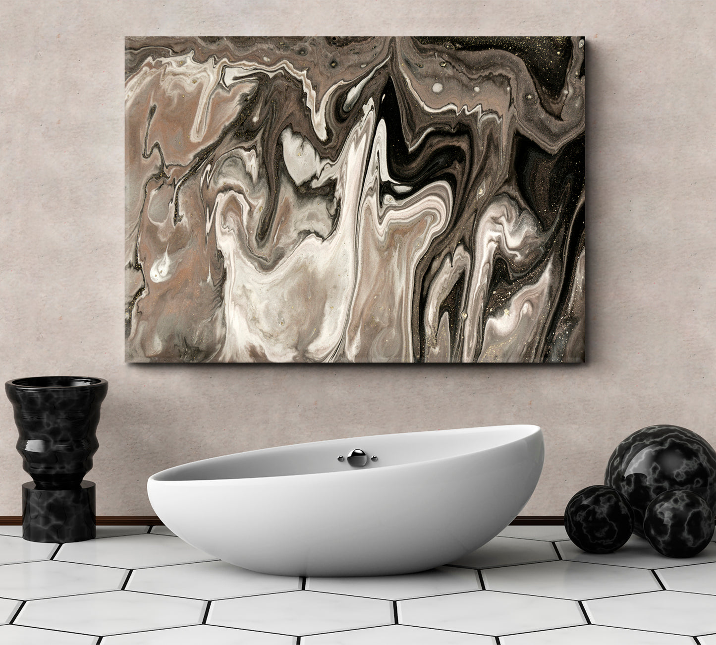 POURING CHOCOLATE Brown Beige Creamy Fluid Art, Oriental Marbling Canvas Print Artesty   