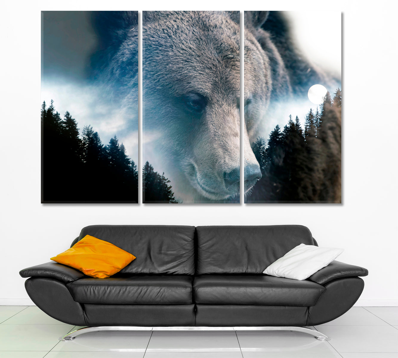 Wild Bear And A Pine Forest Double Exposure Photo Art Artesty 3 panels 36" x 24" 