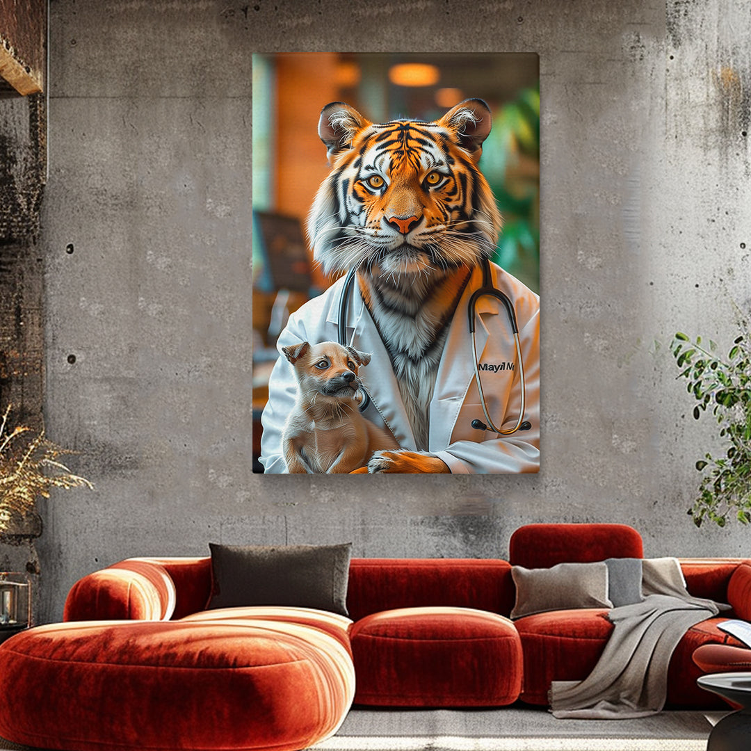 Tiger Veterinarian with Puppy Canvas Prints Artesty