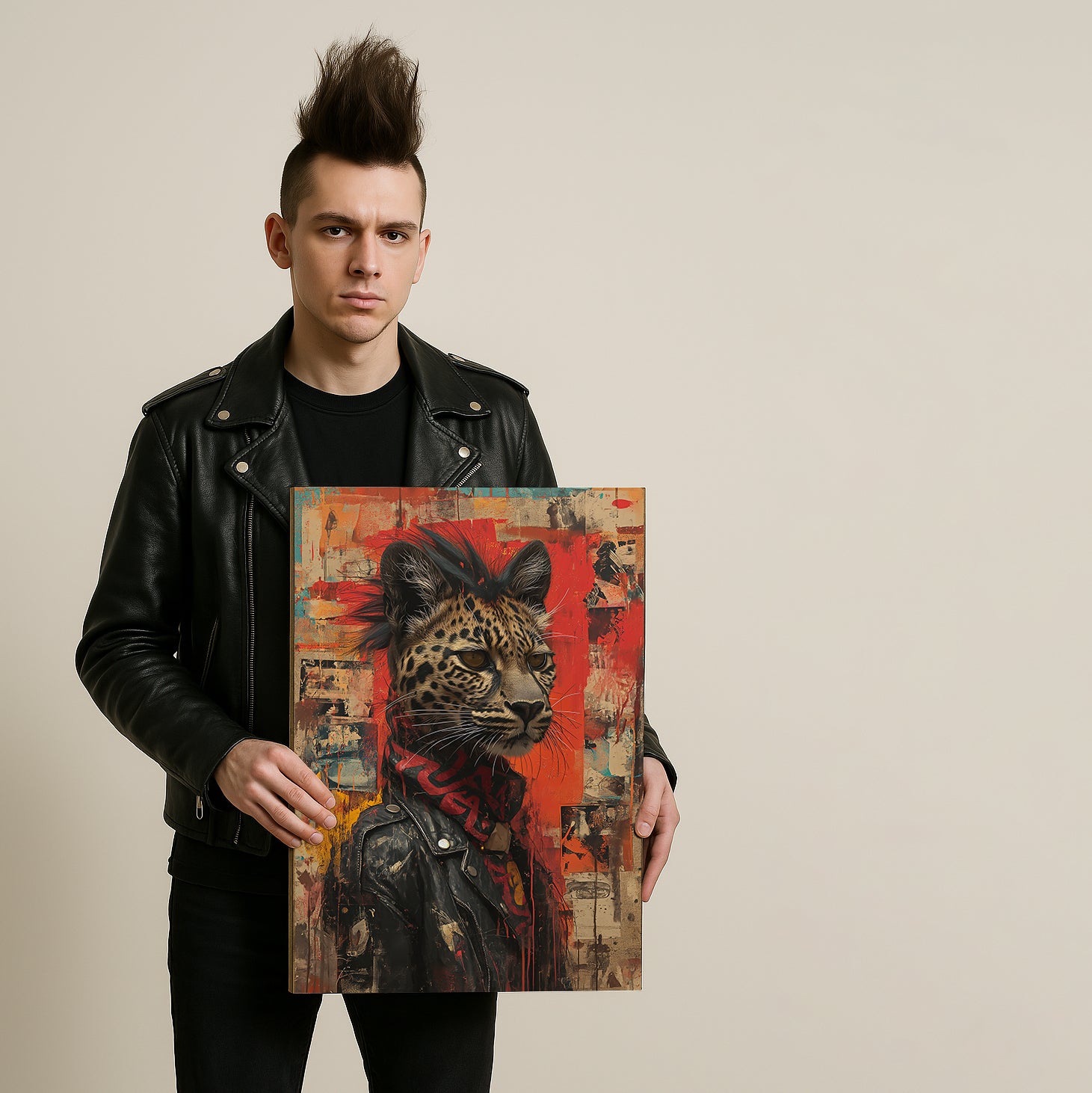 Leopard in Leather Jacket Punk Style Canvas Prints Artesty