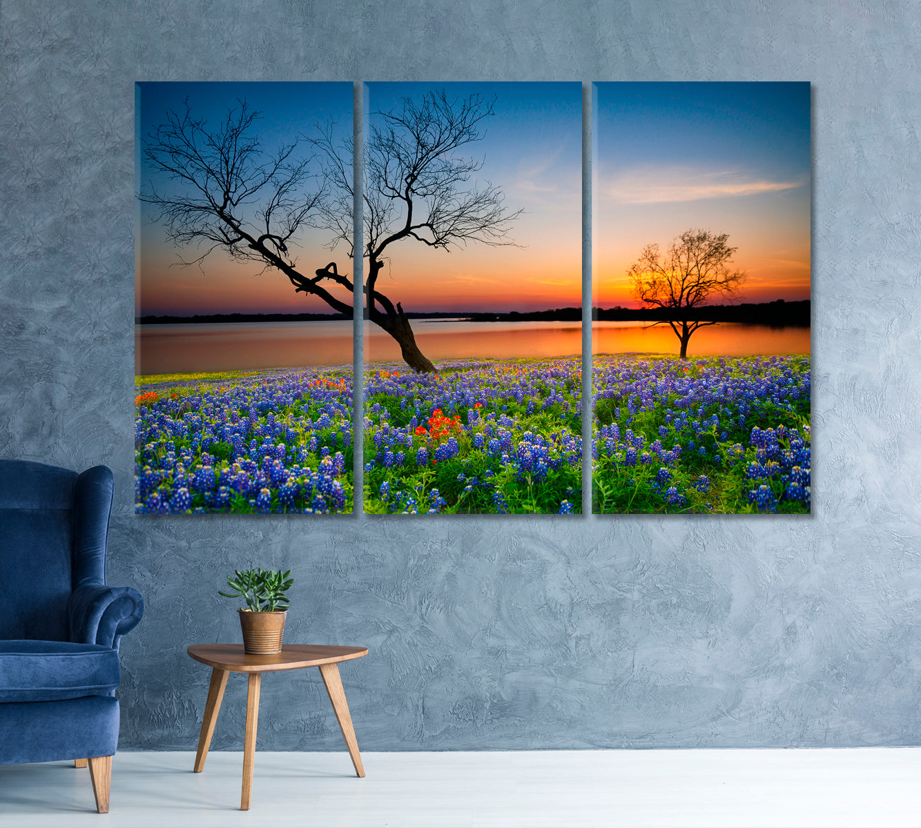 Texas Spring Bluebonnet Cities Wall Art Artesty 3 panels 36" x 24" 