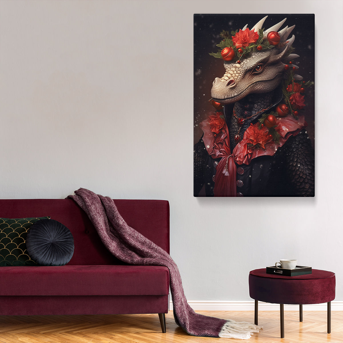 Festive Dragon Portrait, Holiday Fantasy Decor, Mythical Beast Ideal Gift for Fantasy Lovers Abstract Art Print Artesty 1 Panel 35"x55" 