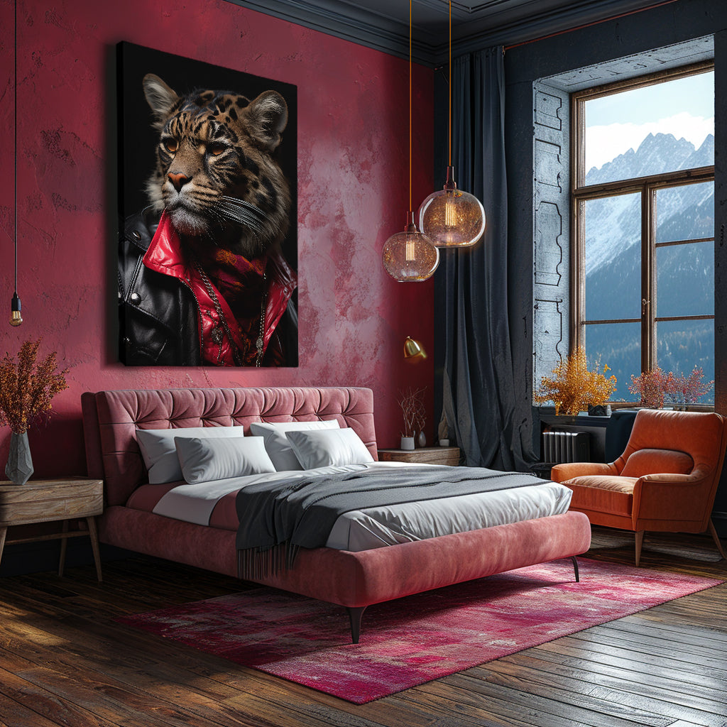 Leopard in Red Scarf and Leather Jacket Canvas Prints Artesty