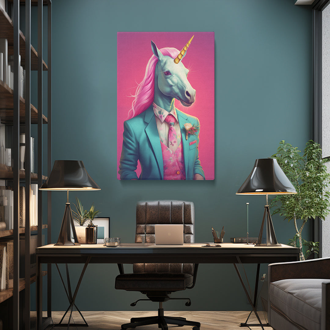 Unicorn in Teal Suit and Pink Tie Canvas Prints Artesty