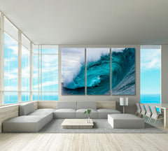 Big Blue Crashing Wave Scenic Impressive Photo Nautical, Sea Life Pattern Art Artesty 3 panels 36" x 24" 