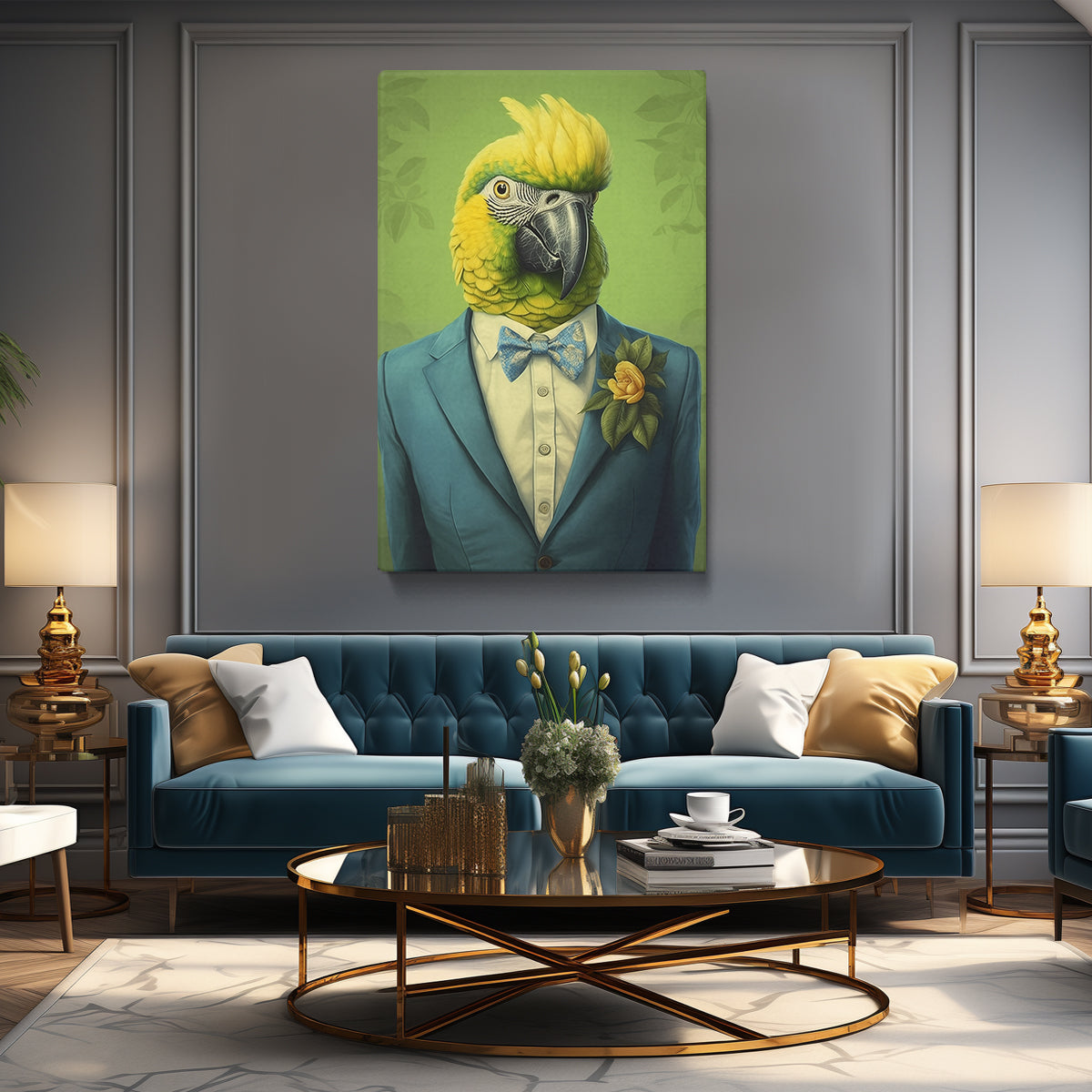 Parrot in Teal Suit and Bow Tie Canvas Prints Artesty