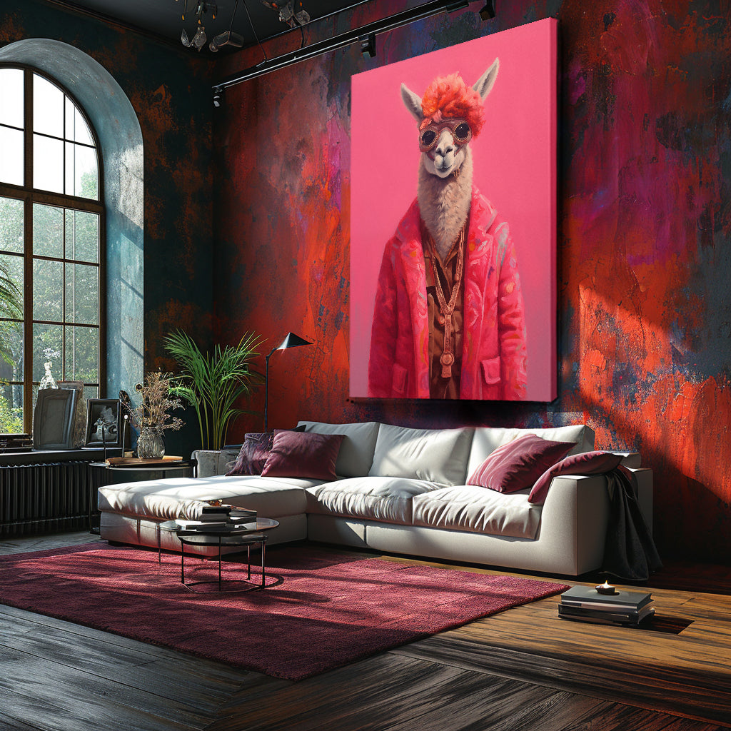 Llama Dressed in Pink Hipster Coat Canvas Prints Artesty